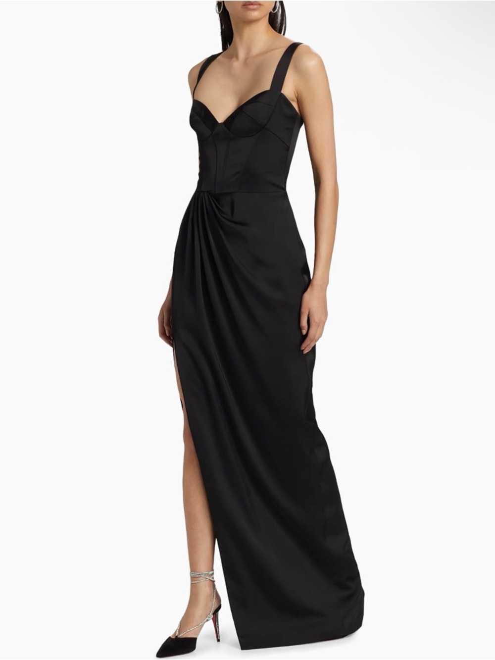 Satin Black Bustier Maxi Dress with High Thigh Slit